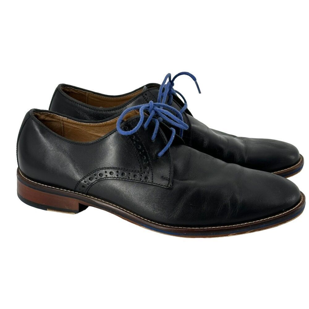 Johnston Murphy Oxford Shoes Conrad Plain Toe Black Leather Blue Detail Men 10.5